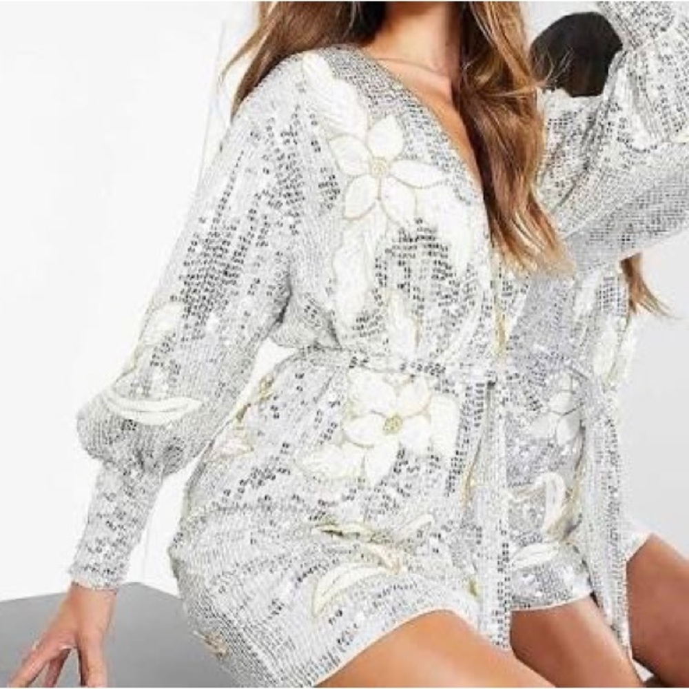 ASOS EDITION floral sequin wrap mini dress in white and silver size 12 - Picture 3 of 10
